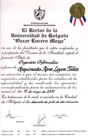 Computer Engineer diploma awarded to Arquimedes Rene Leyva Tellez