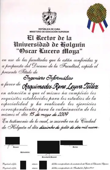 Computer Engineer diploma awarded to Arquimedes Rene Leyva Tellez