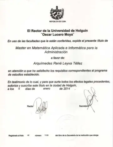 M.Sc. diploma awarded to Arquimedes Rene Leyva Tellez