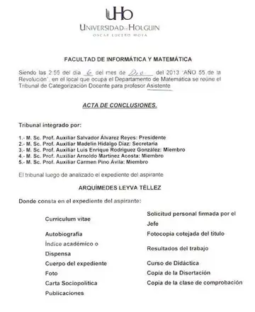 Official record naming Arquimedes Rene Leyva Tellez Assistant Professor